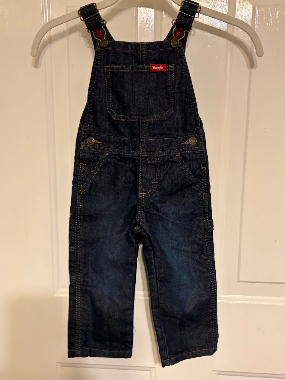 Wrangler Toddler Boys Classic Denim Red Flannel Lined Overalls Size 24M/2T EUC